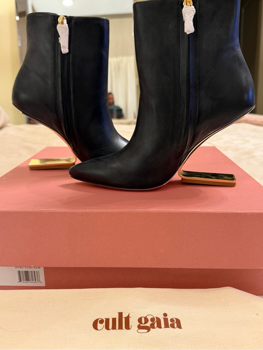 cult gaia Black Leather Ankle Booties with Gold Accent Heel